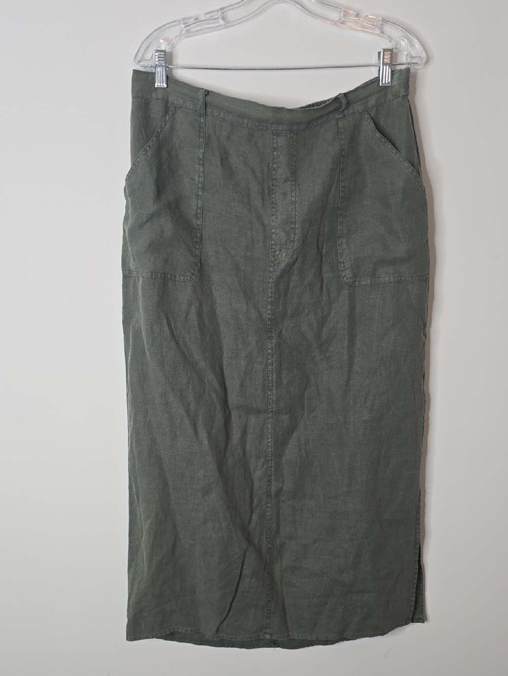Artisan Ny Olive Green 100%  Linen Maxi Skirt with Front Pockets